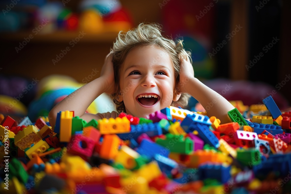 Kid play with pieces., Joyous moment of a kid engrossed in play, creating a world of wonder with vibrant and colorful pieces, Ai generated Kid play with pieces., Joyous moment of a kid engrossed in play, creating a world of wonder with vibrant and colorful pieces, Ai generated