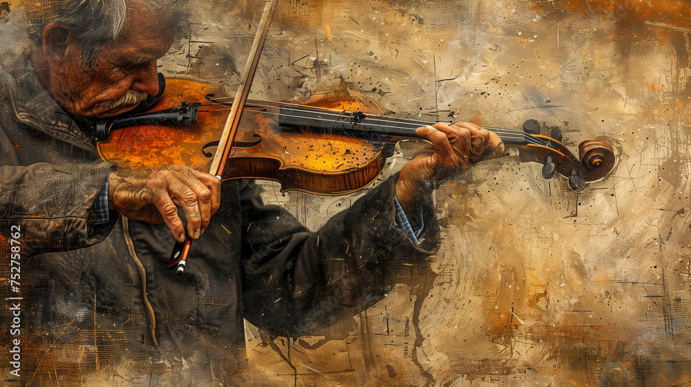 Elderly man playing violin passionately with a grunge artistic background effect