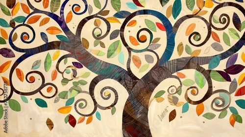 Patterned multi-colored tree. Abstract, doodle, oil paints, pencil, art, psychedelic, forest, leaves, trunk, bark, life, crown, hollow, branch, bush, root, paper, branches. Generated by AI © Кирилл Макаров