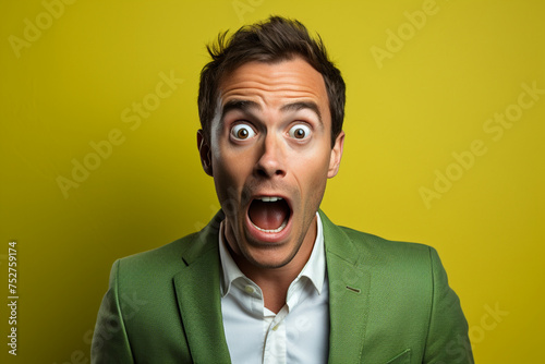 A portrait of a man with an excited expression, his eyes wide with anticipation, set against a lively lime green backdrop.