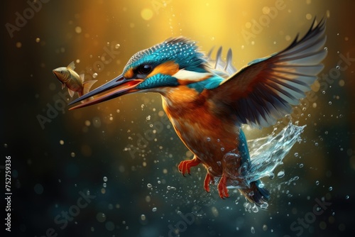 Kingfisher catching a fish in a river, European kingfisher (alcedo atthis) flying  from water with caught fish, Ai generated © Tanu