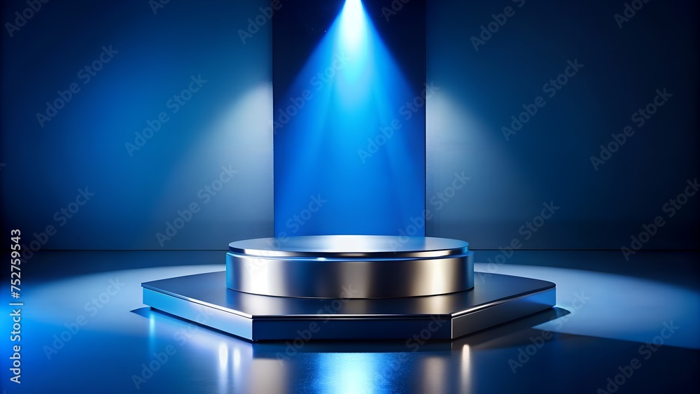 A blue chrome podium with a spotlight shining on it, set against a dark blue background. A blue chrome podium with a spotlight shining on it, set against a dark blue background.