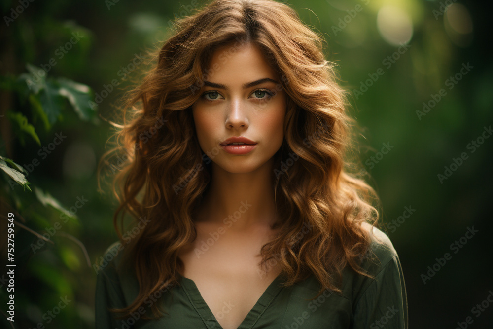An intense portrait of an attractive girl with a serious expression, her gaze focused and unwavering, against a deep forest green backdrop.