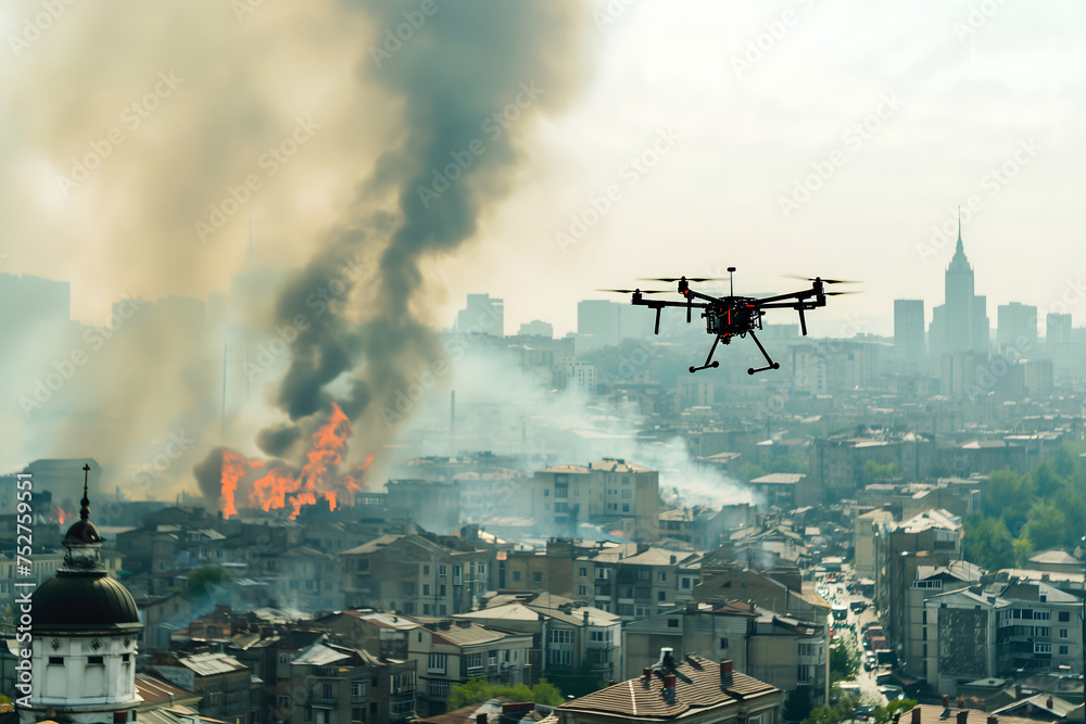 Copter drone over city with smoke. Neural network generated image. Not based on any actual scene or pattern.