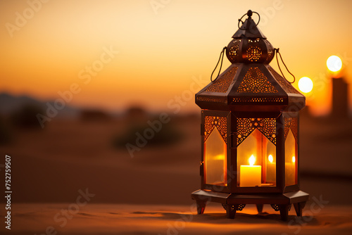 The lantern lights in the desert at night have a Ramadan feel with generative ai