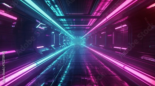 Glowing lines forming a tunnel of light in a cyberpunk. Technology, digital, anti-design, urban, night, cityscape. Generated by AI