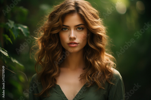 An intense portrait of an attractive girl with a serious expression, her gaze focused and unwavering, against a deep forest green backdrop.