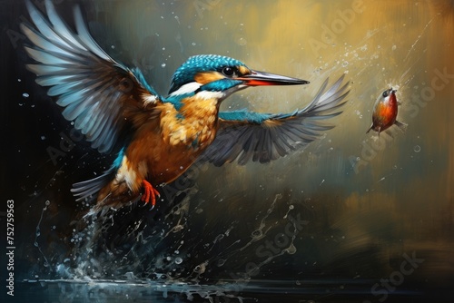 Kingfisher catching a fish in a river, European kingfisher (alcedo atthis) flying  from water with caught fish, Ai generated © Tanu