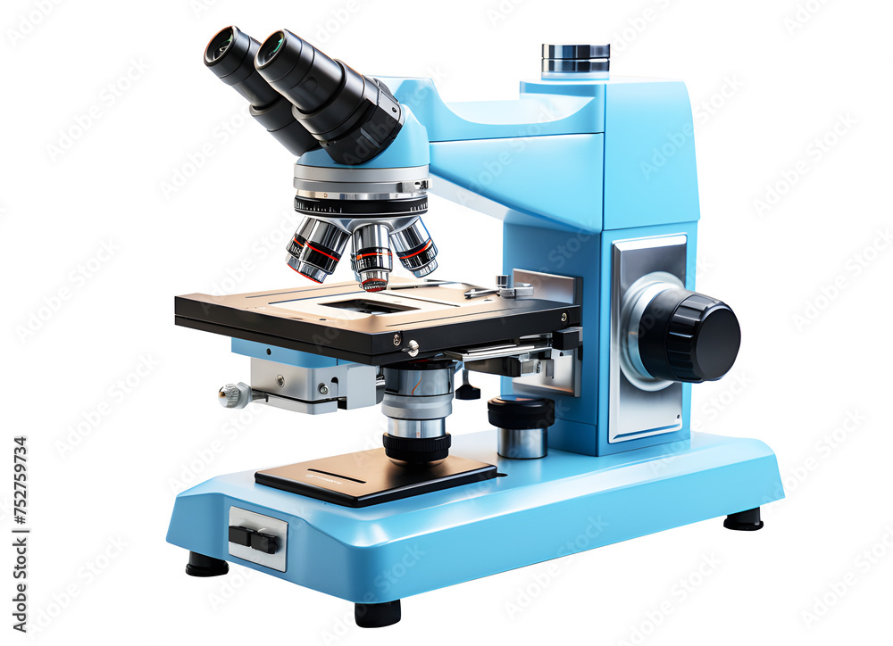 Blue microscope isolated on cut out PNG or transparent background. Scientific technology equipment is used in laboratory to look at small objects. Realistic clipart template pattern.