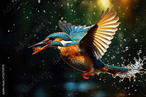 Kingfisher catching a fish in a river, European kingfisher (alcedo atthis) flying from water with caught fish, Ai generated