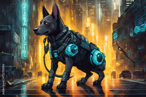 Neon Canines: Exploring the Futuristic World of Cyberpunk Style Dogs in Dystopian Urban Landscapes © Sandun