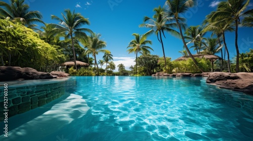 Tropical paradise with a crystal clear pool surrounded by lush palm trees