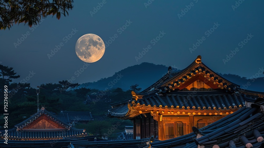 Spring time of changgyeonggung palace at night with full moon in seoul south korea - obrazy, fototapety, plakaty 