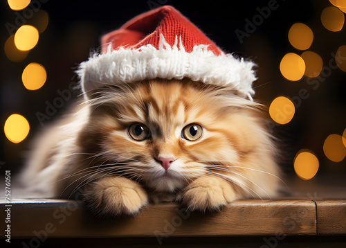 Christmas Persian cat in red Santa Claus cap. Blurred Background Bokeh Lights. For the Christmas celebration. Realistic animal clipart template pattern. 
