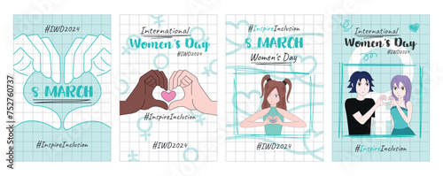 Set of posters for International Women's Day on March 8. Inspire inclusivity. A greeting card, a story or post template for social media