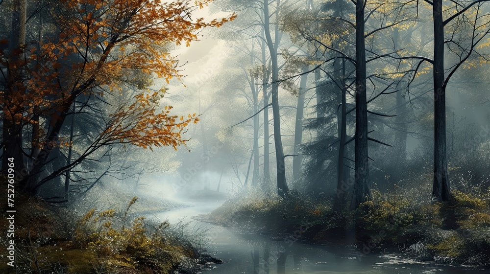Swamp landscape in the fog. Mysticism, forest, humidity, quagmire, quicksand, reeds, nature reserve, mystery, silence, darkness, greenery. Generated by AI Swamp landscape in the fog. Mysticism, forest, humidity, quagmire, quicksand, reeds, nature reserve, mystery, silence, darkness, greenery. Generated by AI