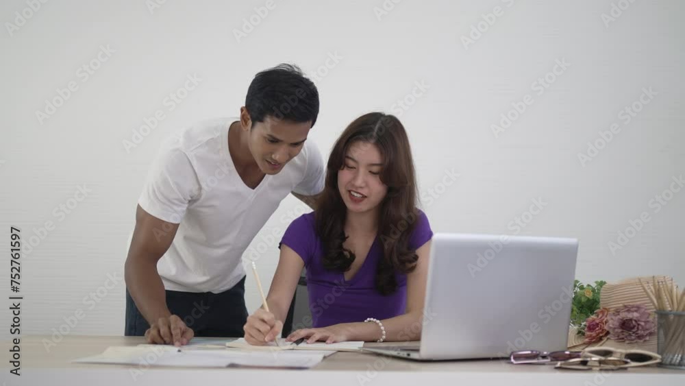Young couple use laptop for find travel information. Young couple use laptop for find travel information.