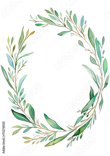 Watercolor wreath decorated with green leaves isolated on transparent background. PNG