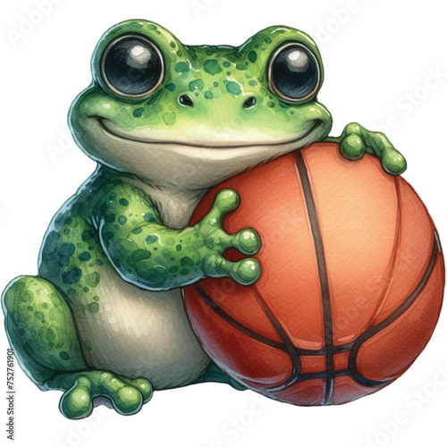 frog cute holding a basketball ball  clipart watercolor 