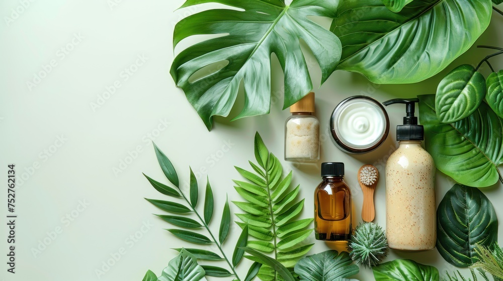 Cruelty-free beauty products made with natural ingredients and no animal testing, showcased with green leaves. - obrazy, fototapety, plakaty 