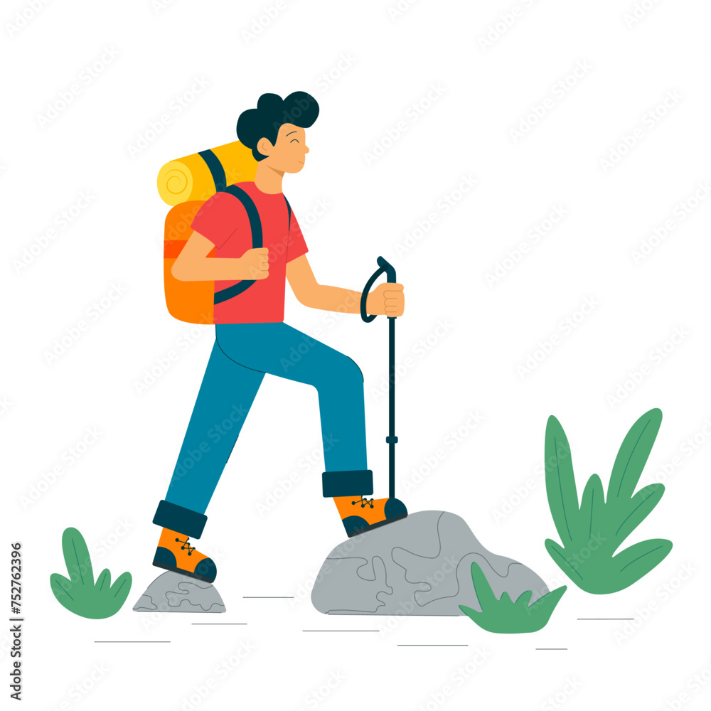 Obraz premium A man goes on a hike. Hiking and trekking in nature. Vector illustration