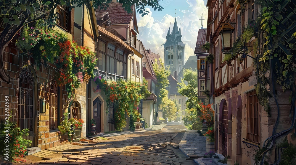 A quaint cobblestone street with charming buildings ai generated