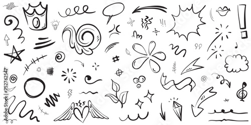 Vector set of hand-drawn cartoony expression sign doodle, curve directional arrows, emoticon effects design elements, cartoon character emotion symbols, cute decorative brush stroke lines.