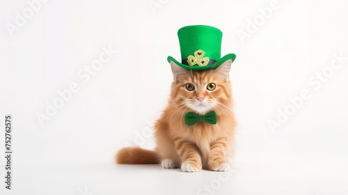 Whiskers of Luck: Cute Cat with Leprechaun Hat on White Background photo