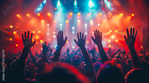 Crowd at a concert raising hands towards a bright stage with vibrant lights and a festive atmosphere.