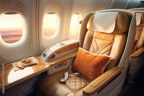 First-class business luxury seats for vacations  airplane seats in the cabin  Luxurious interior of a private jet  Premium Business Class Seats for Luxury Air travel generated