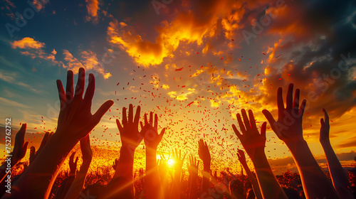 Hands reaching up to the sky with confetti falling during a sunset celebration, feeling of joy and festivity.