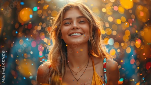 Happy woman smiling with bright sunlight in blurry background
