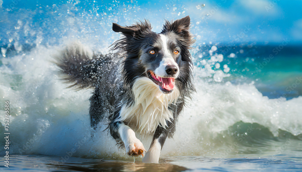 Surf's Up: Border Collie Dog Blissfully Frolicking and running in Beach Waves Surf's Up: Border Collie Dog Blissfully Frolicking and running in Beach Waves