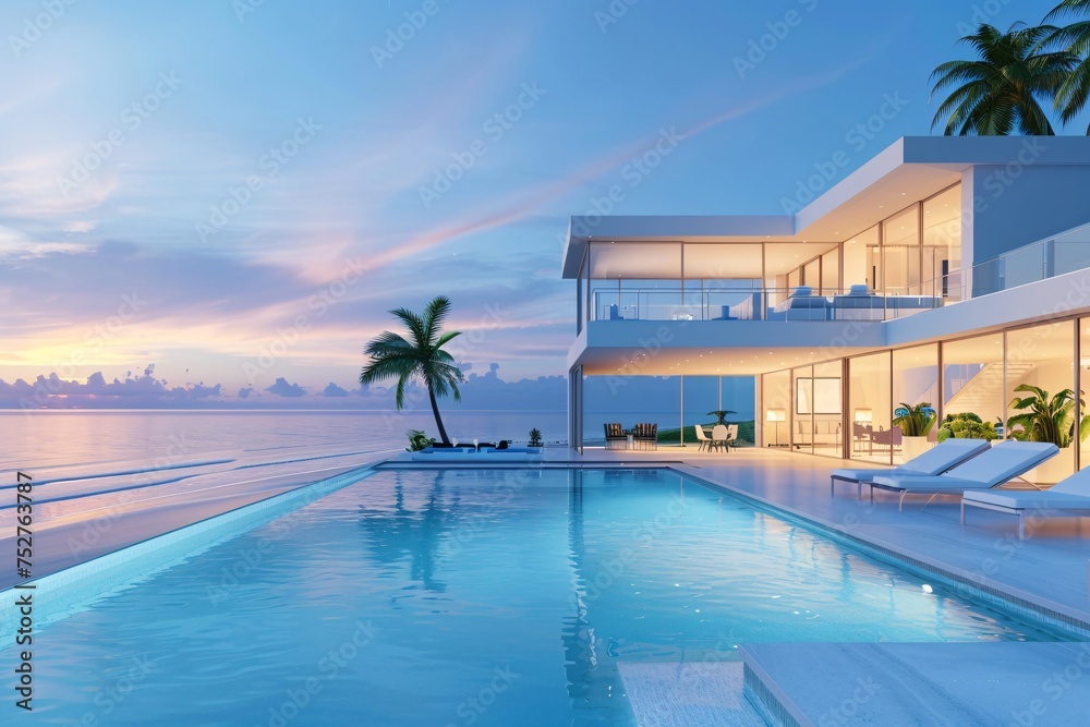 Sunset Serenade A Modern Glass House by the Ocean Generative AI