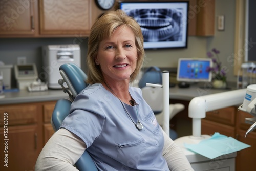 A woman in a blue scrubs is sitting in a dentist chair