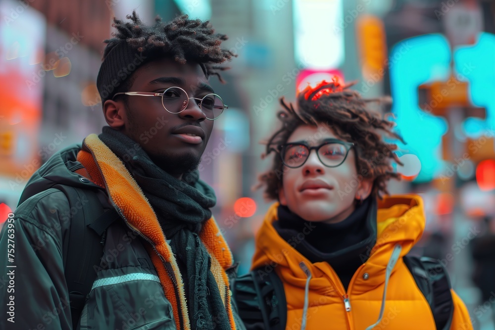 Two young men wearing glasses and hoodies stand in front of a neon sign