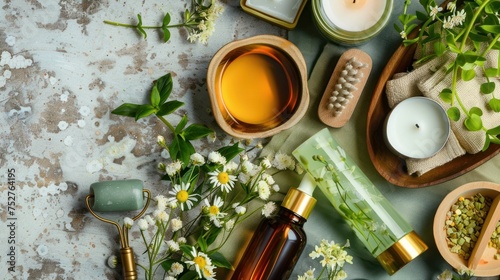 A flat lay of organic skincare products amidst a background of natural elements like leaves and stones.