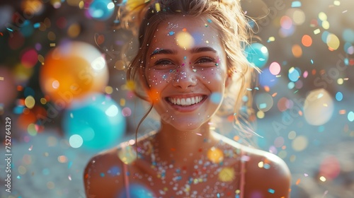 A happy woman surrounded by confetti and balloons, smiling at a fun event