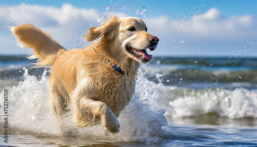 Surf's Up: Golden Retriever dog Blissfully Frolicking and running in Beach Waves