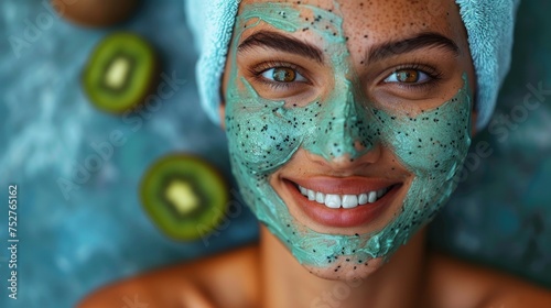 Beauty close up portrait of young woman with a healthy glowing skin is applying a skincare product.