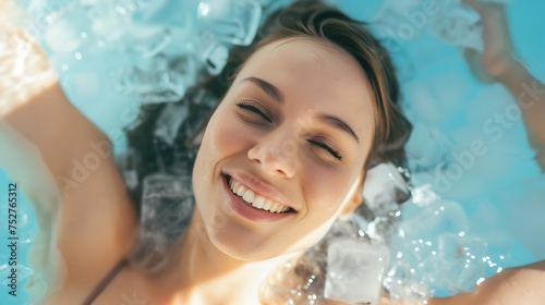 Smiling Woman Enjoying a Swim in a Pool. Generative AI.