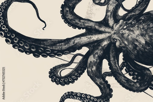 Ilustración pulpo hecho con tinta china, mitología monstruos marinos, representación pulpo gigante en cultura asiática 