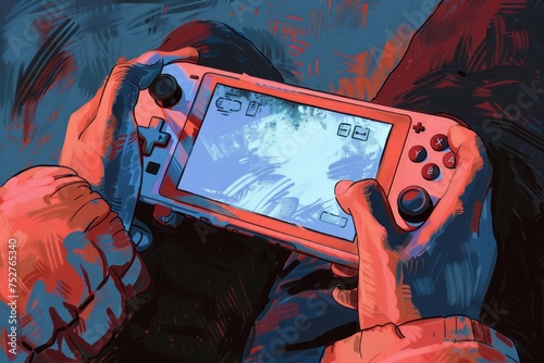 illustration of a person playing video games on a handheld game console photo