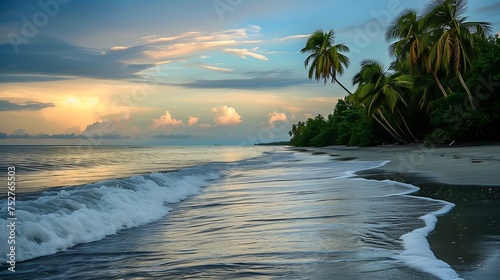 Beach With Palm Trees and Incoming Waves. Generative AI. © Галя Дорожинська