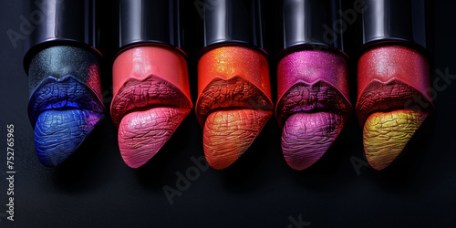 A chic selection of lipsticks on a black background for makeup enthusiasts. Pomade. Fashionable colorful lipsticks on a black background. photo