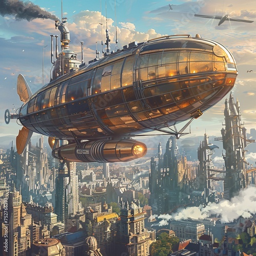 Futuristic Cityscape with Steampunk Airship and Drone Swarm Generative AI photo