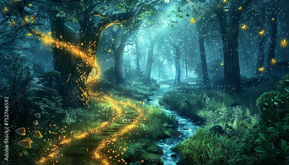 Glowing Path in the Forest A Magical Nighttime Adventure Generative AI Glowing Path in the Forest A Magical Nighttime Adventure Generative AI