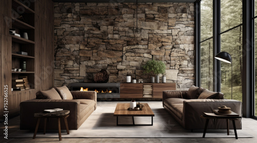 Living room luxury interior with large stone fireplace and huge tall windows with natural tones.