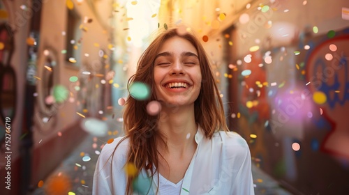Smiling Woman in White Blouse, Celebrating a Monthly Event with Confetti Generative AI