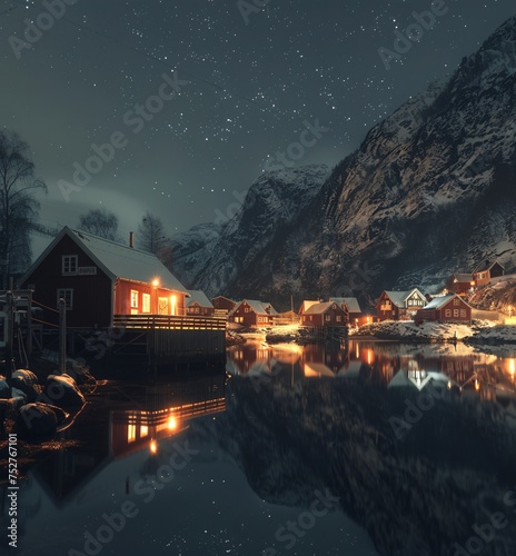 Norwegian Winter Night A Stunning Scenery of Snow-Capped Mountains and Lights from the Houses Generative AI